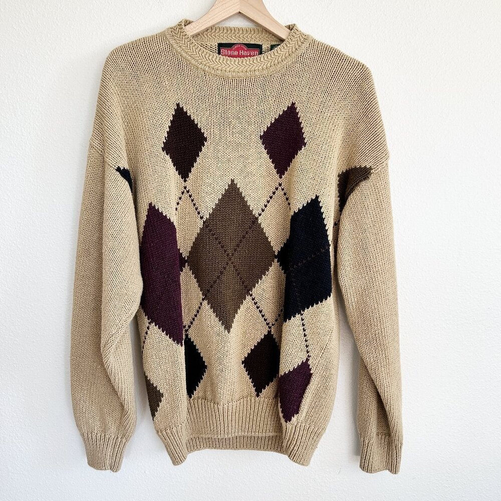 Vintage Stone Haven Sweater Argyle Grandpa Pullover 90's Ramie Cotton